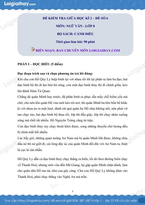 Đề thi giữa kì 2 Văn 8 Cánh diều - Đề số 6